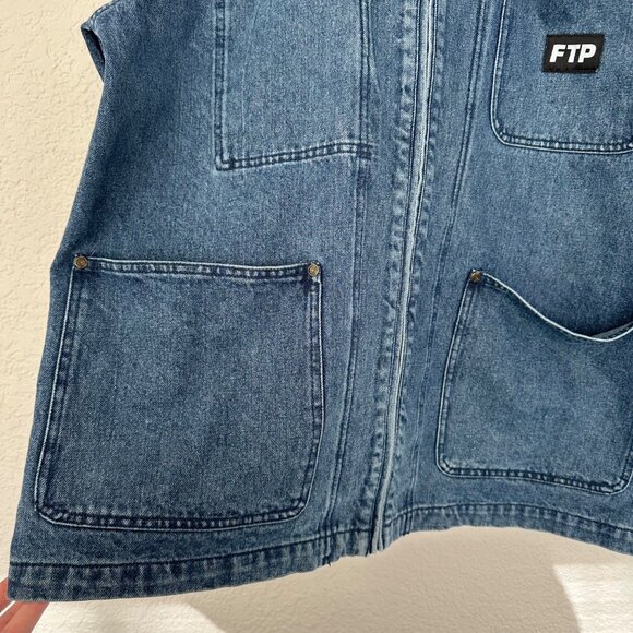 FTP Mens Frayed Denim Logo Chore Jean Jacket Size Large Blue Streetwear - Picture 9 of 13